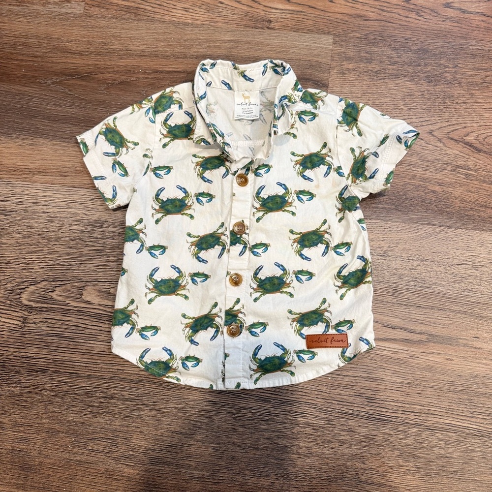 Velvet Fawn Crab Print Button Down Shirt, 18-24m